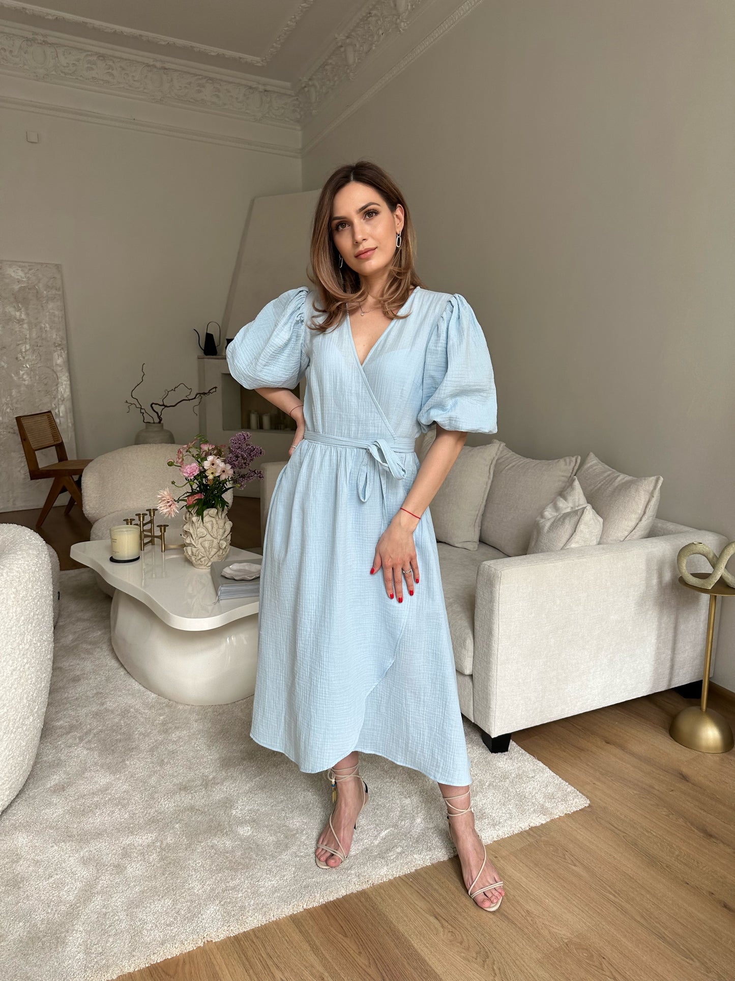 Puff sleeved muslin wrap dress
