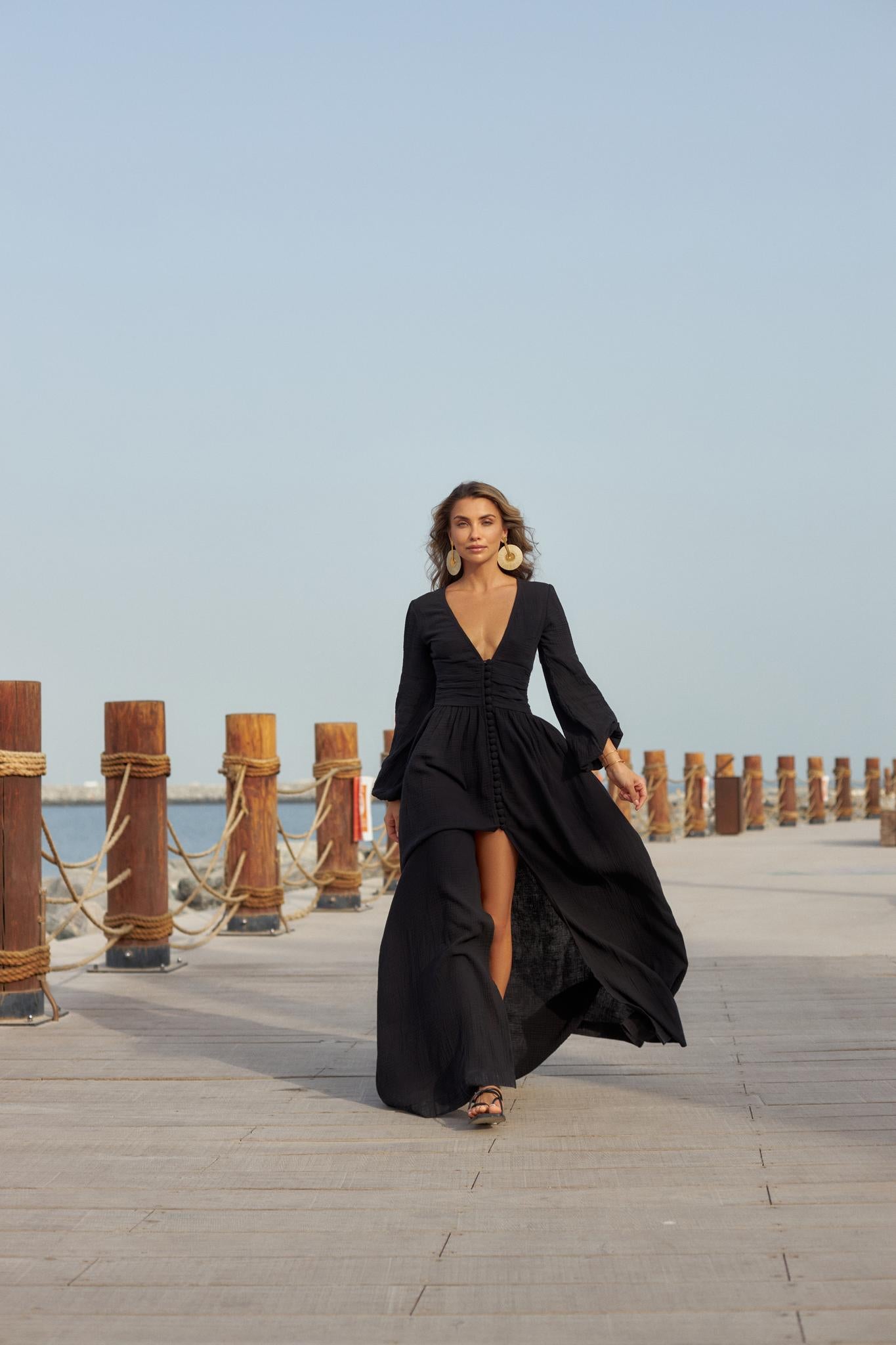 Plunged black muslin maxi dress