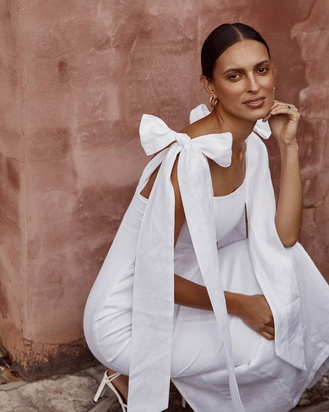 White linen midi dress with tie