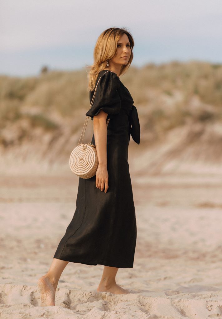 Black puff sleeve knot front midi dress