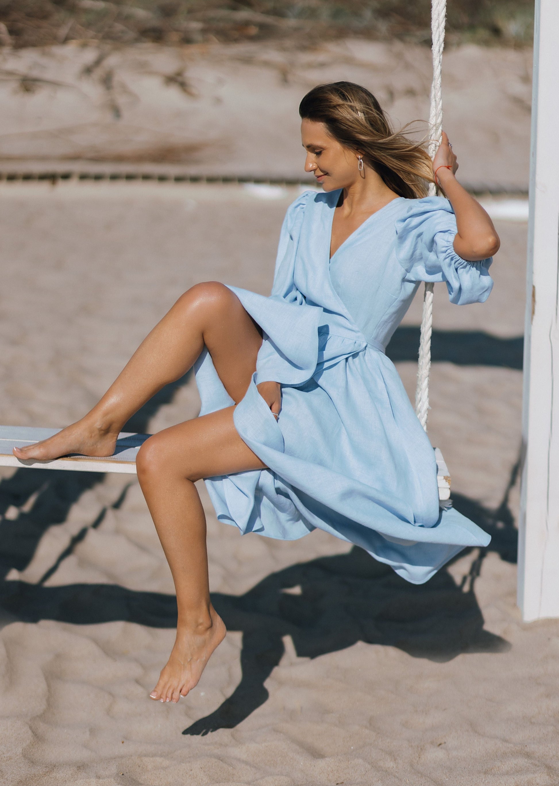 Blue wrap linen midi dress