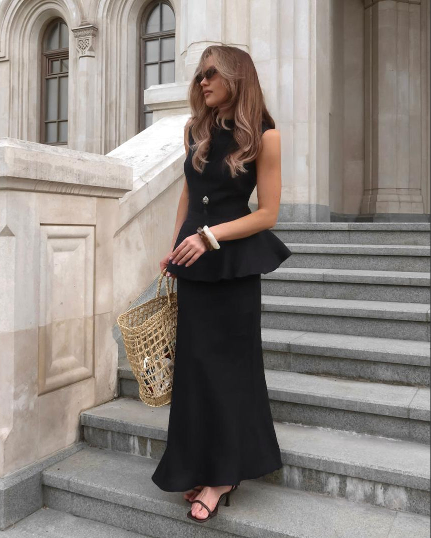 Black linen maxi skirt with fluid silhouette