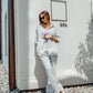 Loose grey linen shirt with cropped raglan sleeves and matching trousers