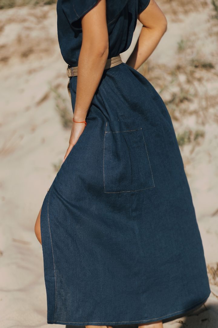 navy long linen loose fit linen dress