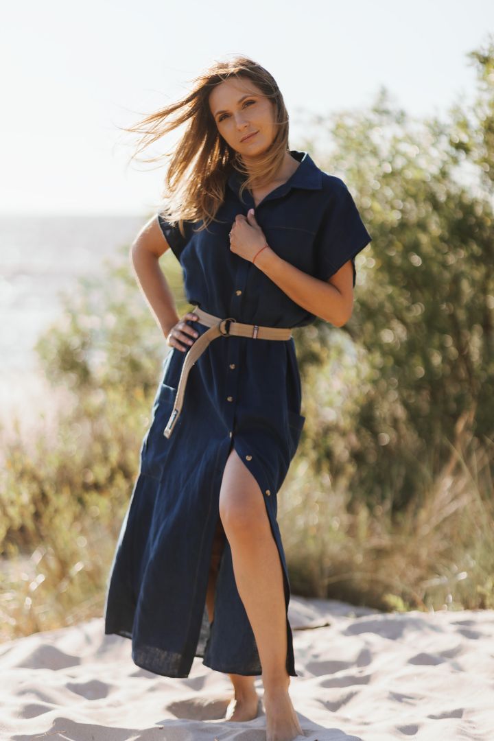 navy linen long shirt dress