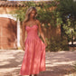 coral linen corset midi dress with thin straps