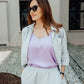 Grey linen shirt with 3/4 raglan sleeves and loose elastic waist trousers