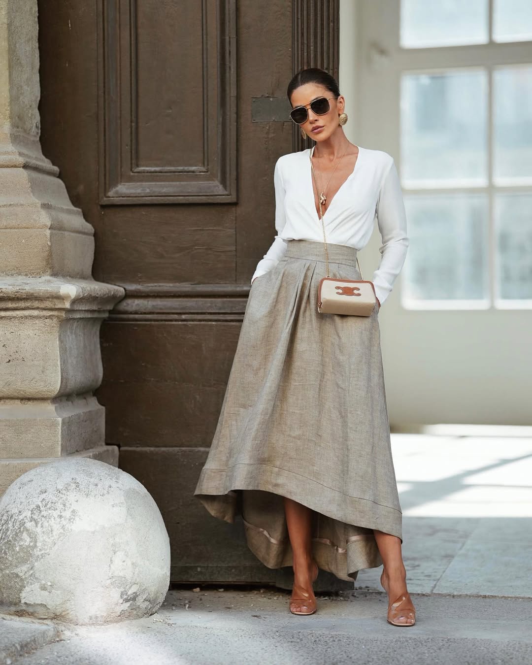 Full circle linen skirt with asymmetrical hem in natural European linen