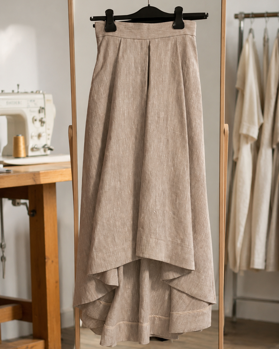 Handmade full circle linen skirt in sewing studio