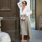 High waisted asymmetrical linen skirt front silhouette