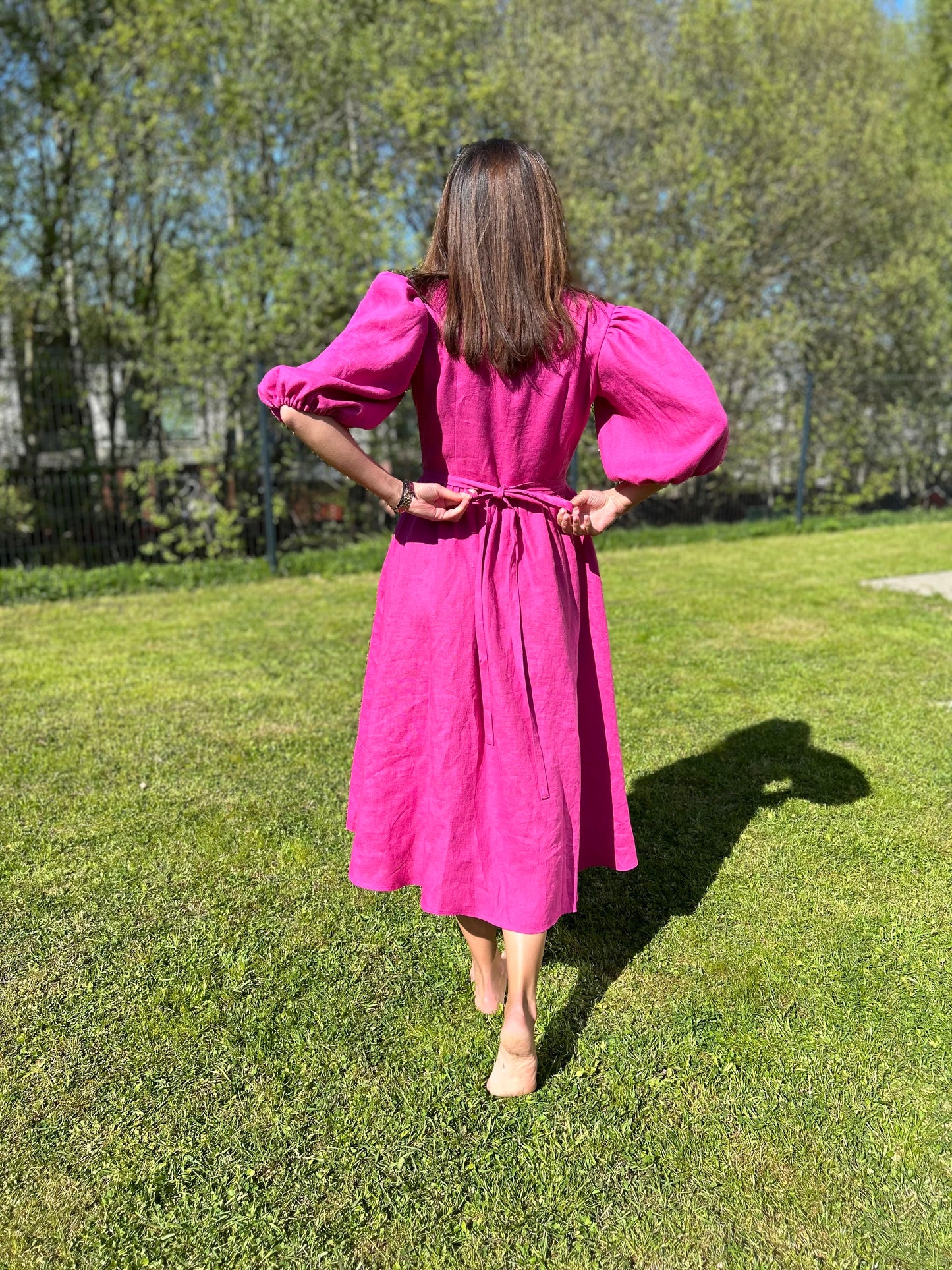 Blue Linen Wrap Dress Helen — Elegant Midi, Made-to-Order | Sustainable Muslin Option