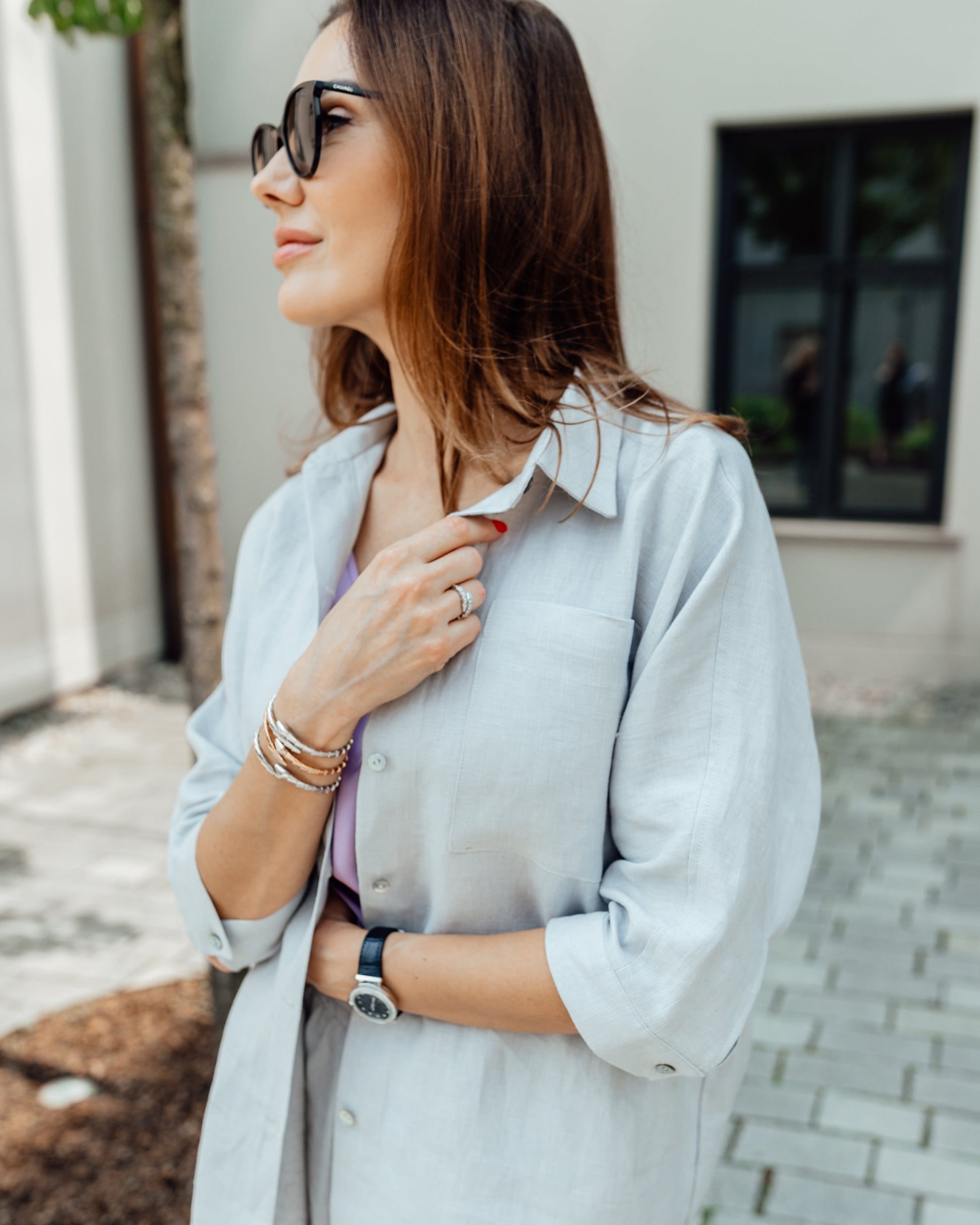  Grey linen shirt and relaxed fit trousers with pockets for women