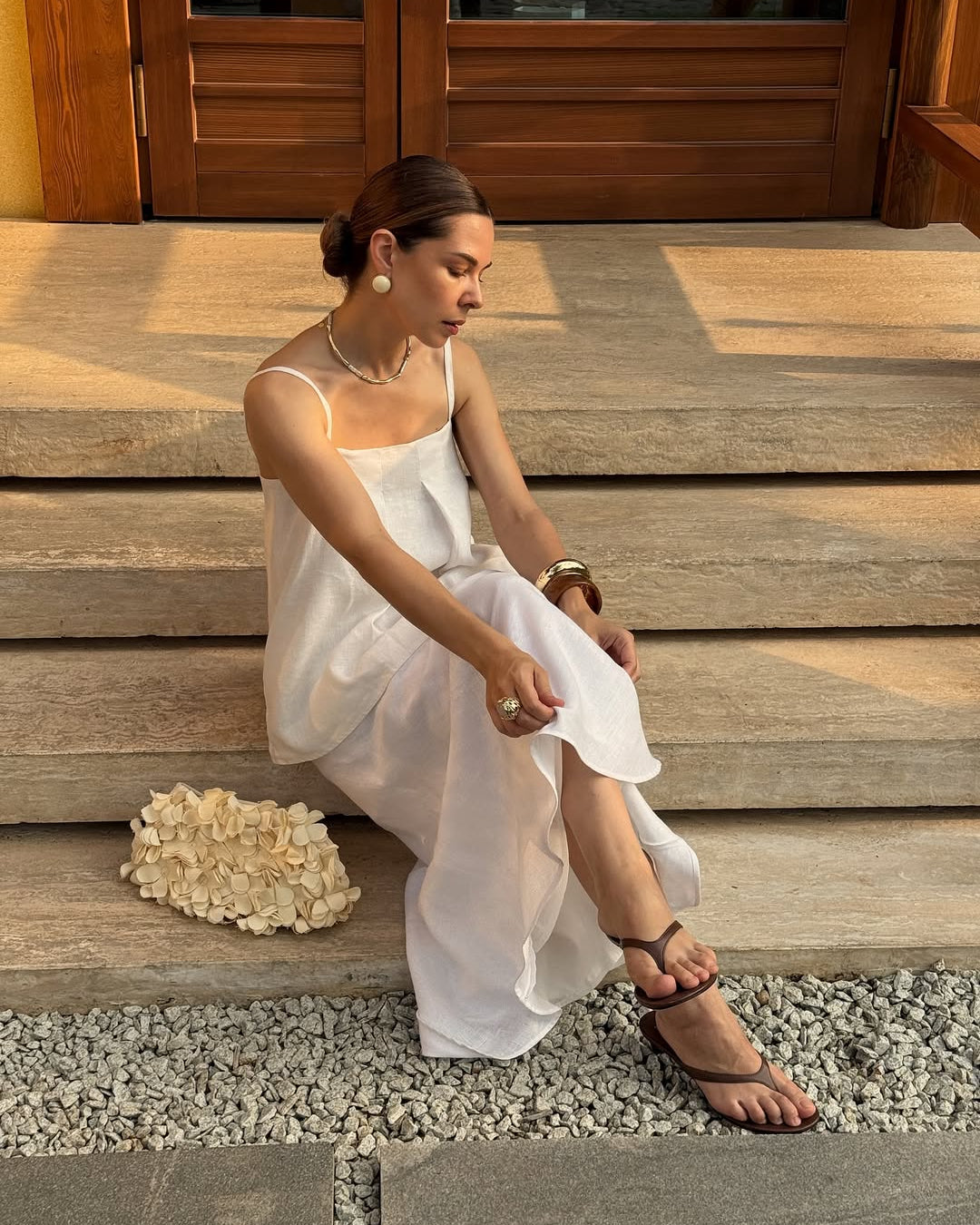 European linen set with adjustable strap top and long linen skirt