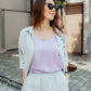 linen shirt and violet top