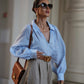 High waisted linen skirt styled with oversized linen shirt and belt