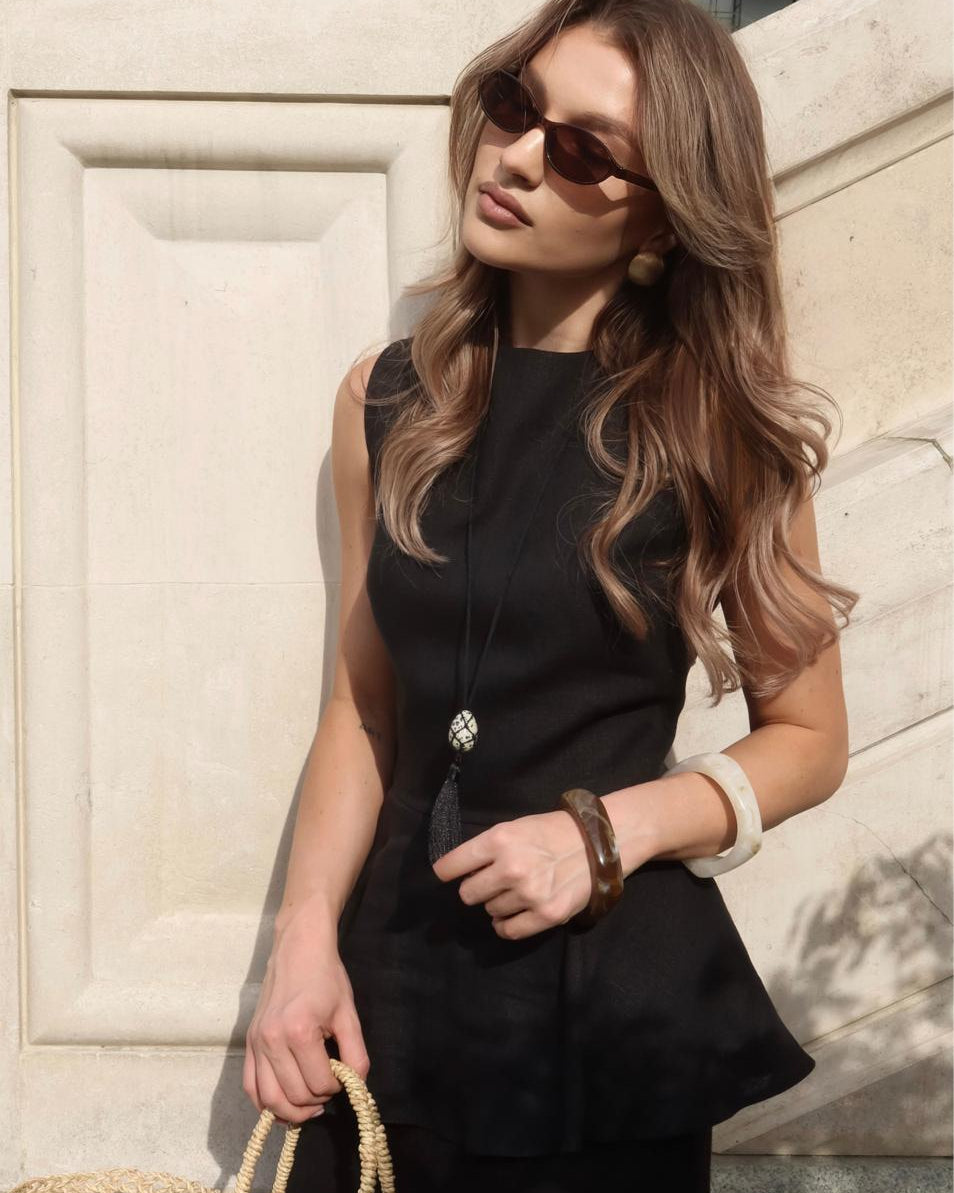 Minimal black bias cut linen maxi skirt