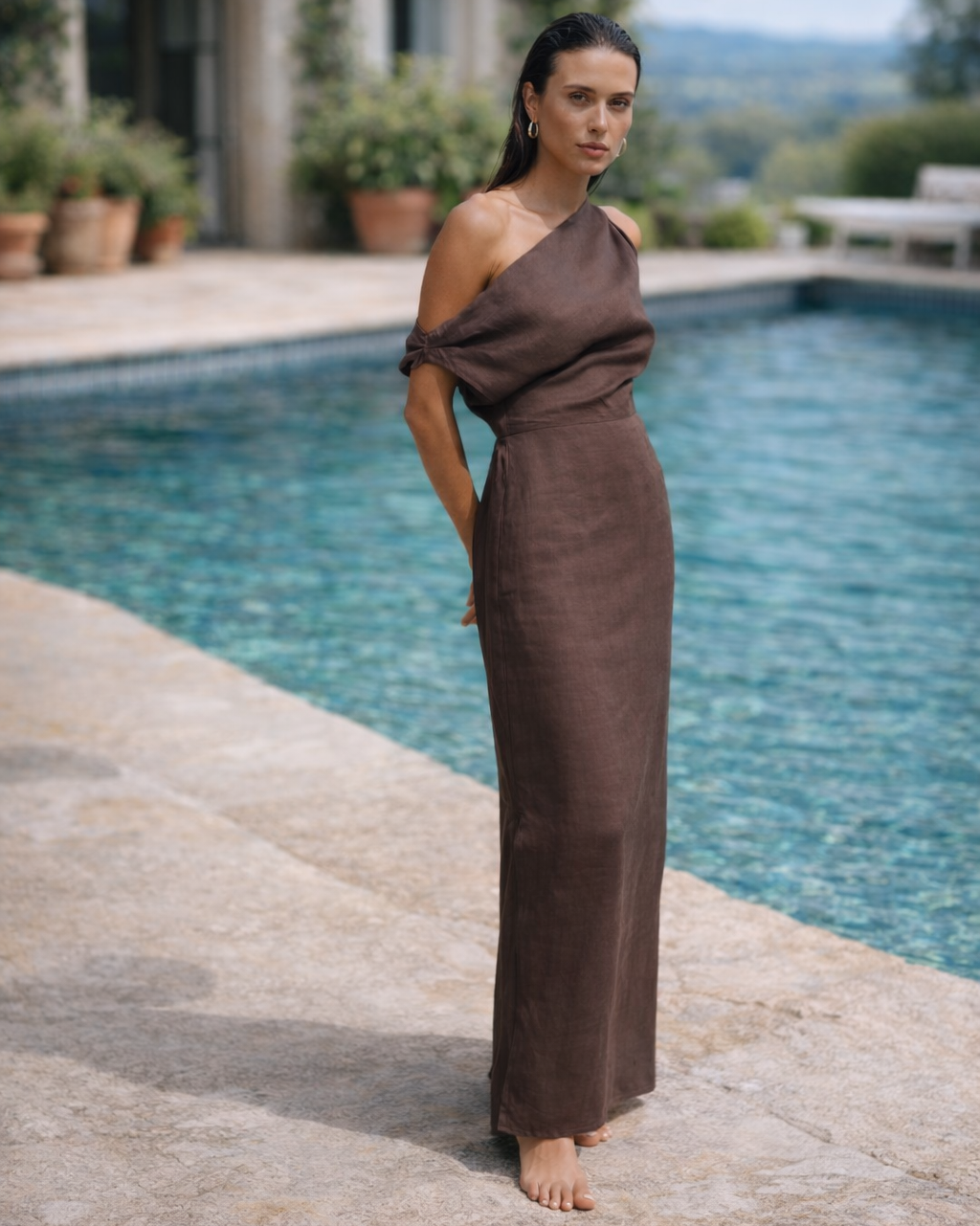 one shoulder linen dress Helena Mini / Powder Blue | MESHKI Mini length One Shoulder Linen Maxi Dress: