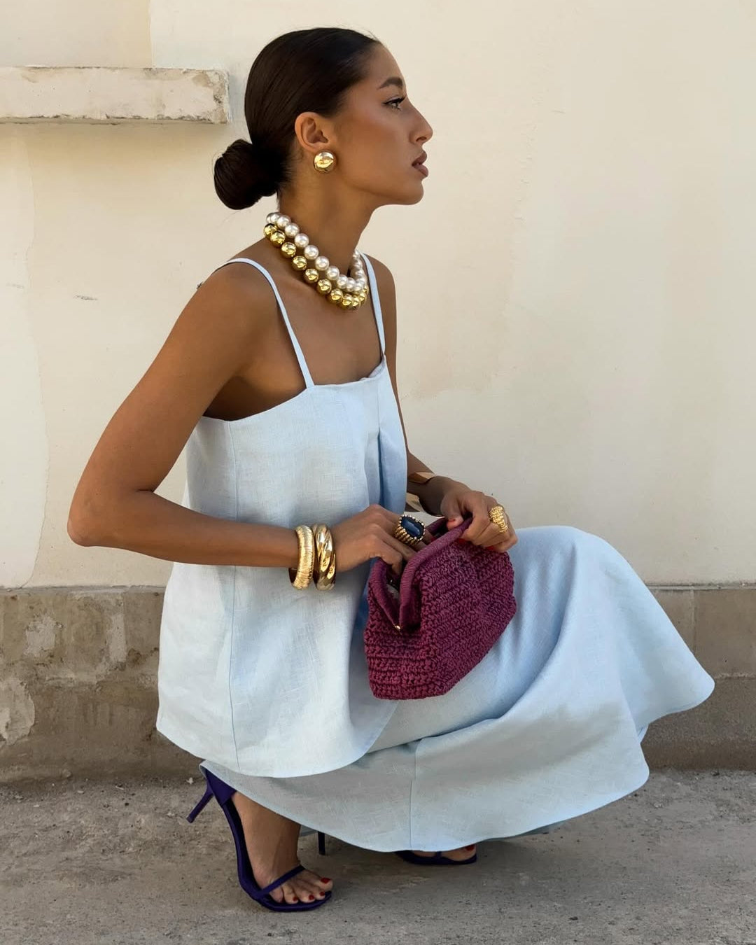 Soft blue linen camisole top with flowing maxi skirt