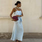 Light blue linen set with strap top and bias cut maxi skirt