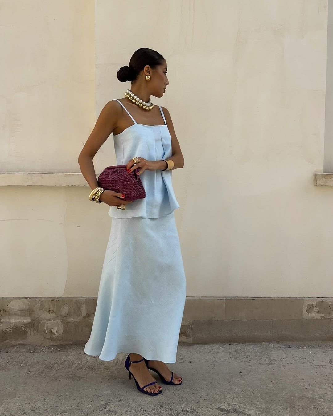 Light blue linen set with strap top and bias cut maxi skirt