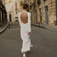 SOPHIE backless linen wedding dress with long sleeves, open back and decorative buttons