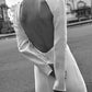 SOPHIE linen wedding dress with open back, long sleeves and decorative covered buttons – detail view