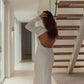 SOPHIE white linen wedding dress with open back and covered button detail – back view