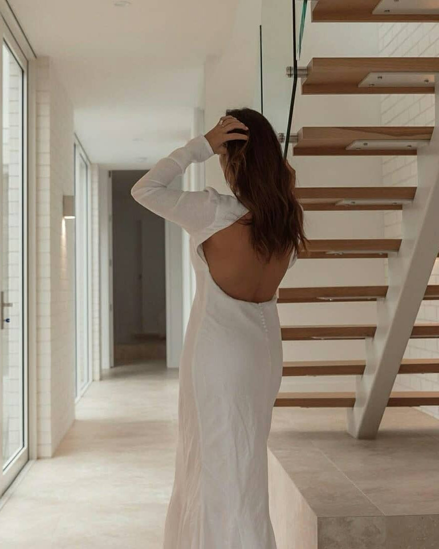 SOPHIE white linen wedding dress with open back and covered button detail – back view