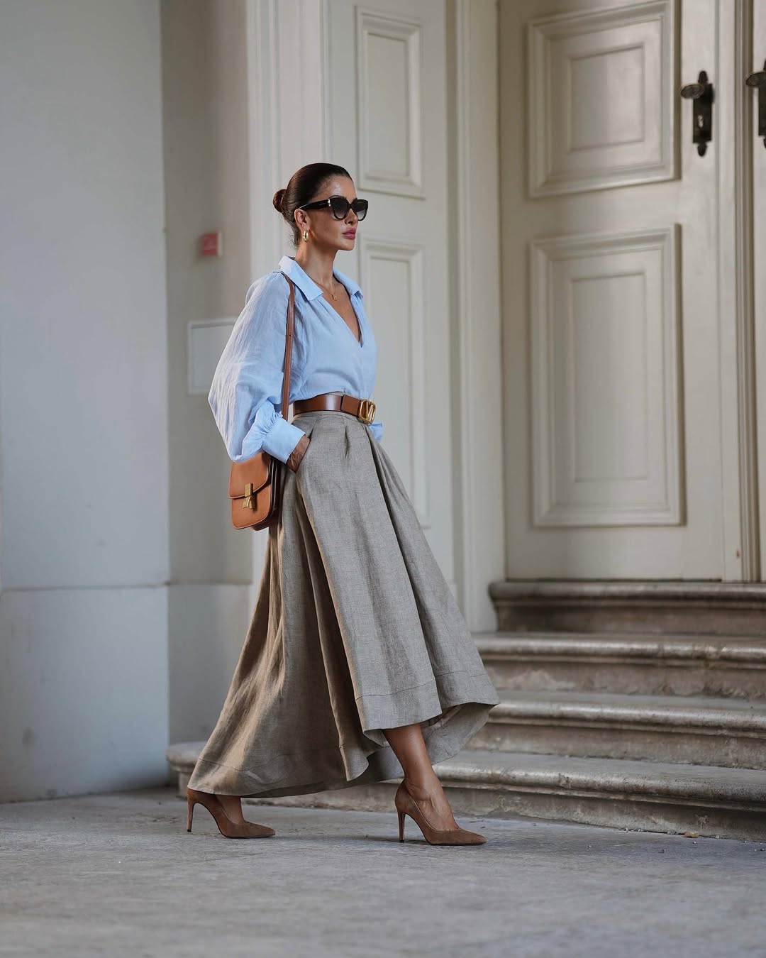 Natural linen full circle skirt with flowing asymmetrical hemline