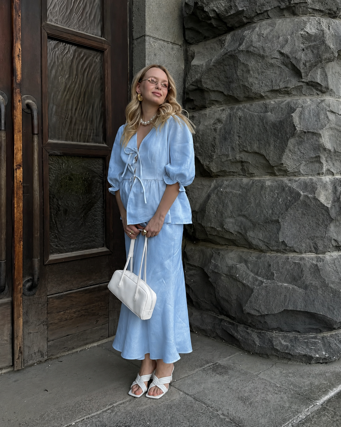 Sky blue linen skirt set