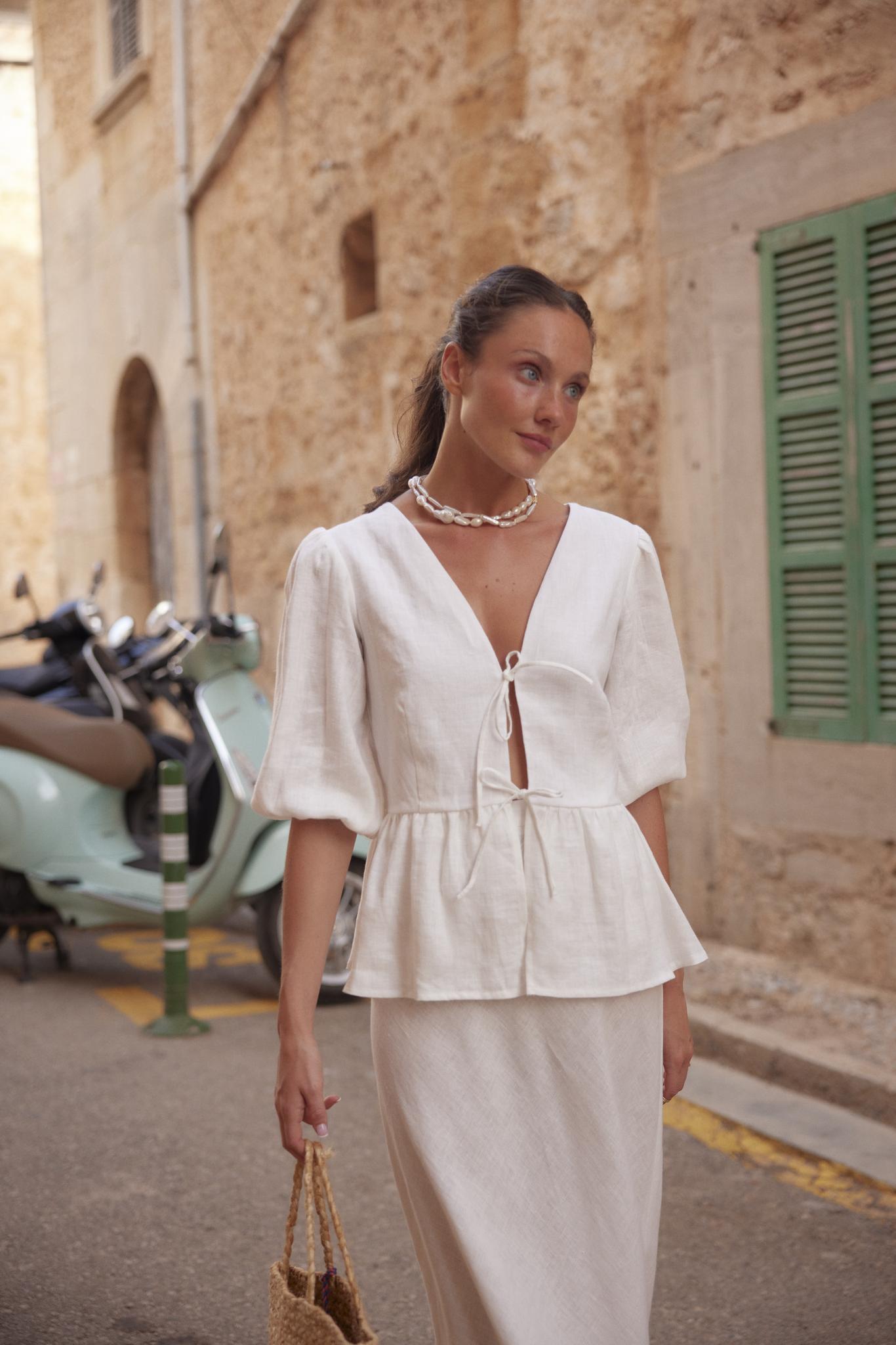 White linen Tie Front Top