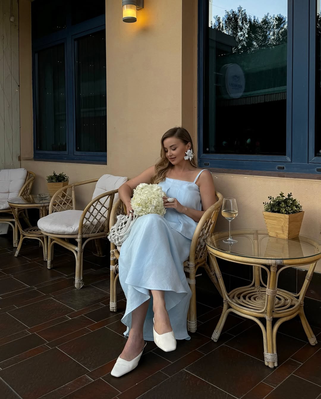 Women blue linen skirt set