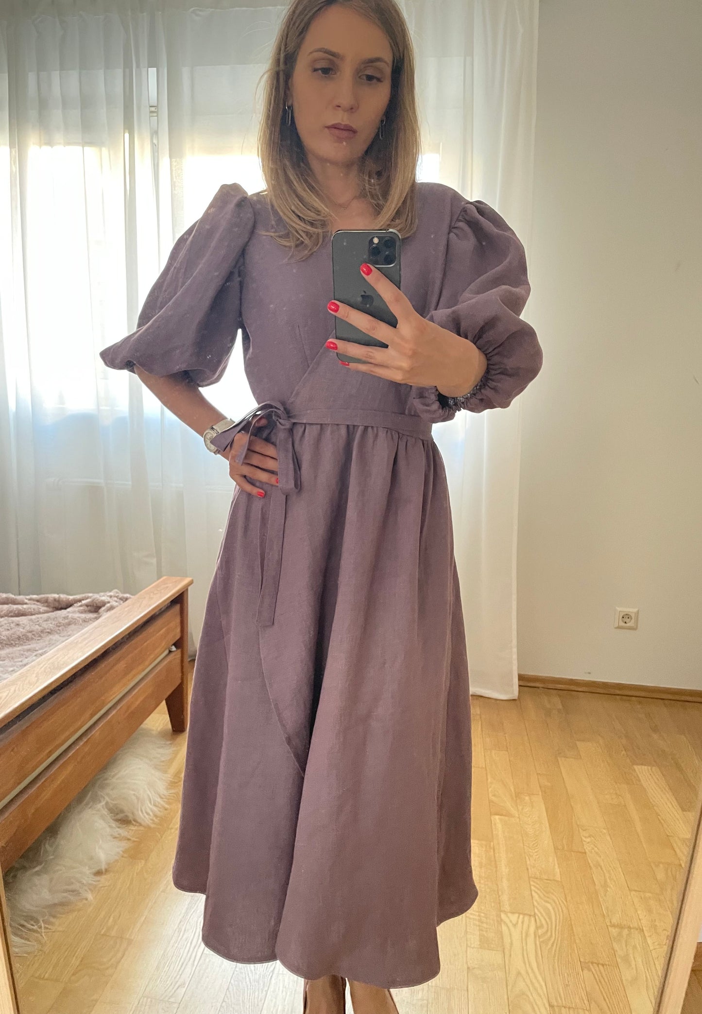 Wickelkleid Damen – Midikleid mit Puffärmeln