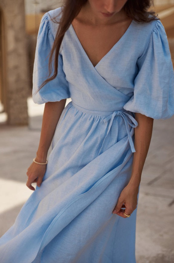 Blue Linen Wrap Dress Helen — Elegant Midi, Made-to-Order | Sustainable Muslin Option