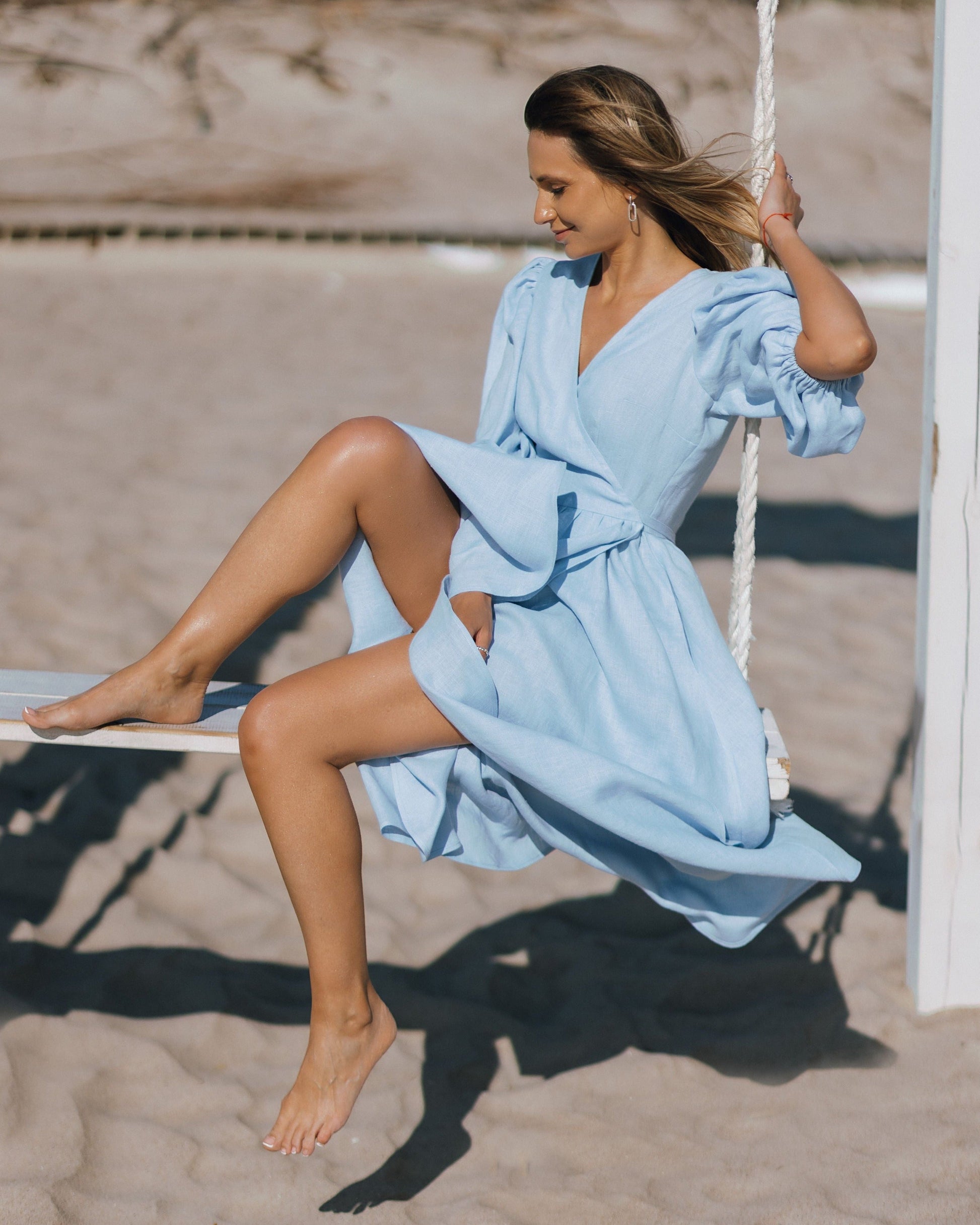 Blue wrap linen midi dress