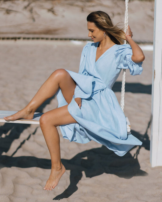 Blue wrap linen midi dress