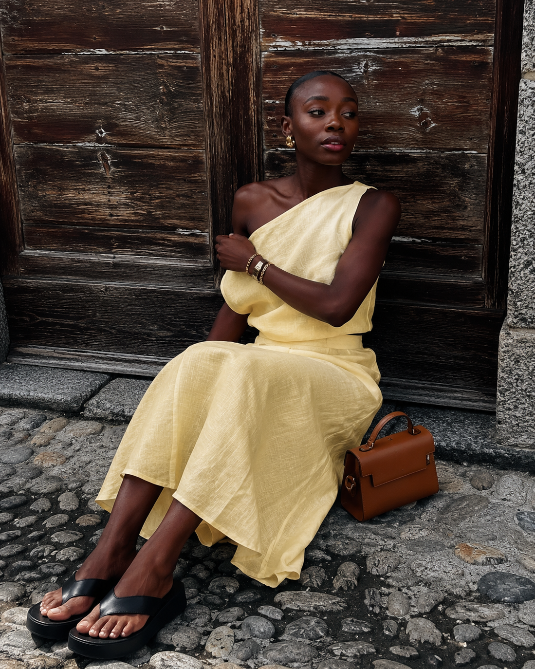 One Shoulder Linen Dress