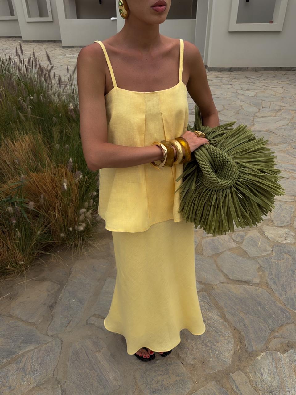 butter yellow linen outfit