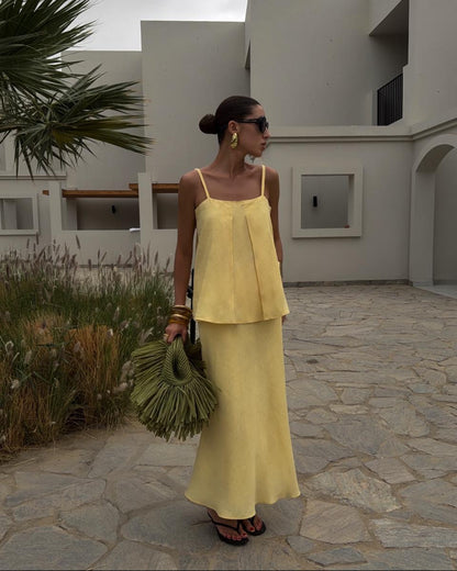 Women’s linen two piece set with strap top and bias cut maxi skirt