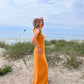 Mustard linen wrap maxi dress with a relaxed straight silhouette