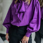 Purple cotton blouse with a dramatic ascot bow, draped shoulders and voluminous balloon sleeves