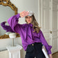 Purple cotton blouse with sculptural draping, voluminous sleeves and long ascot ties