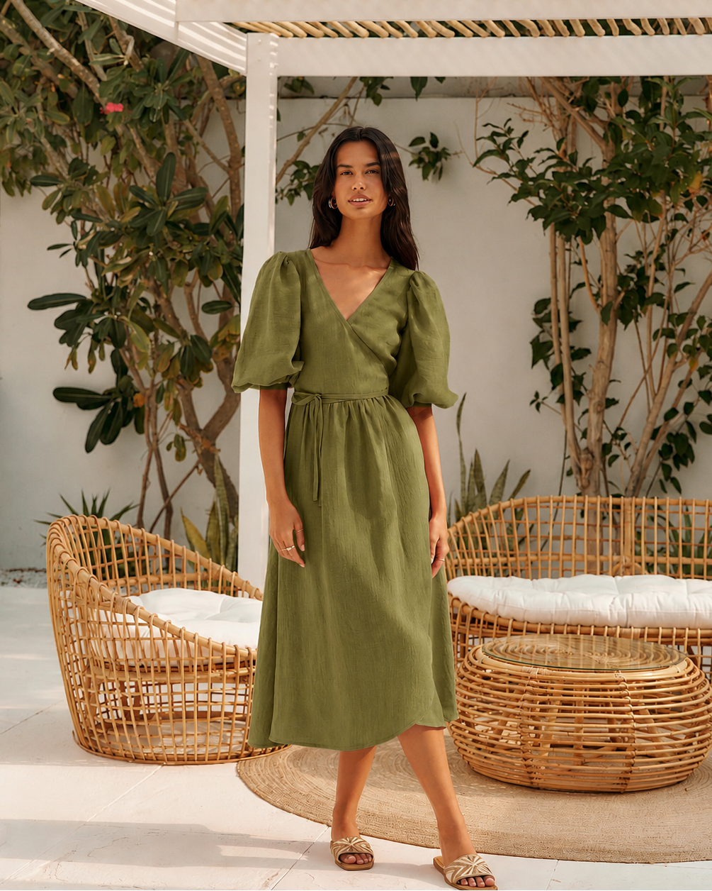 A woman wearing an moss  green midi dress with puff sleeves, a V-neckline, and a tie waist. 