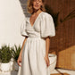 White linen wrap midi dress with puff sleeves